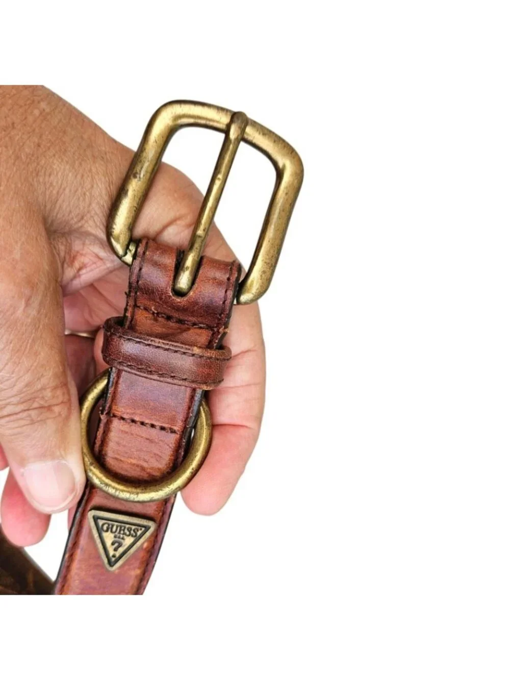 Vintage Guess Triangle Logo Brown Leather Belt Brass Buckle Small 24-27